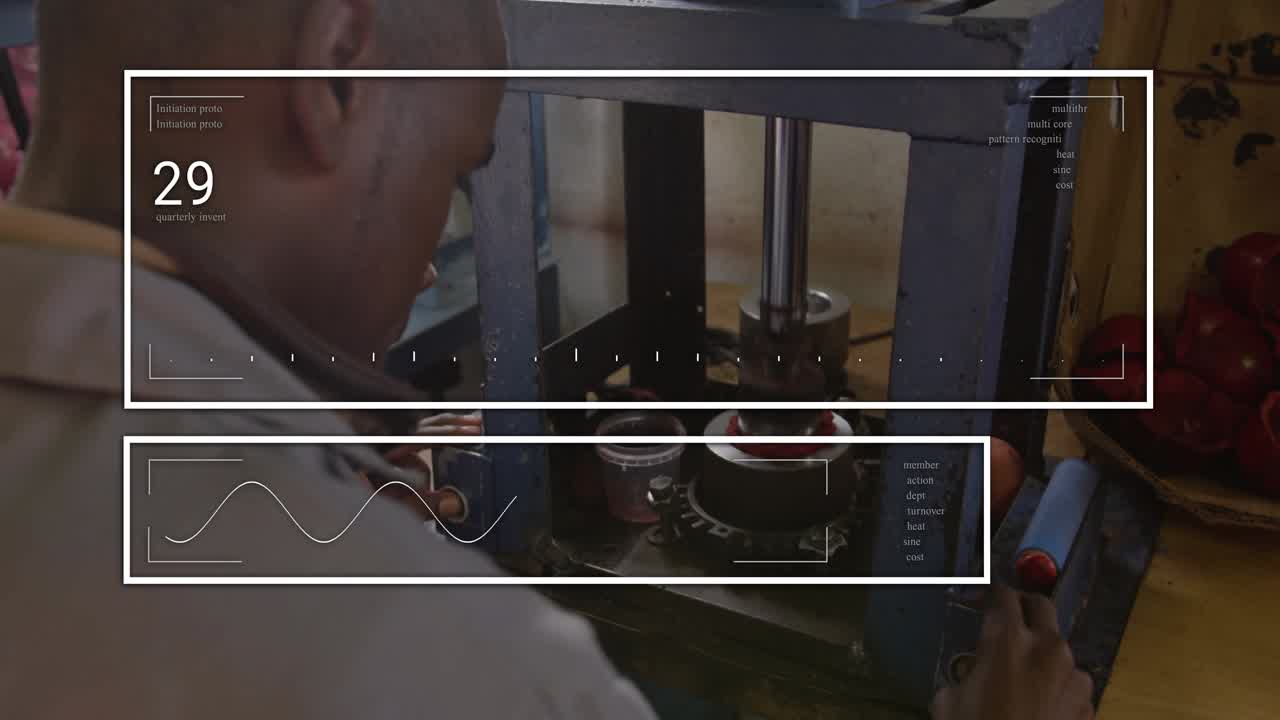 Technician gripping lever in factory crushing apple under press with AR overlays updating metrics