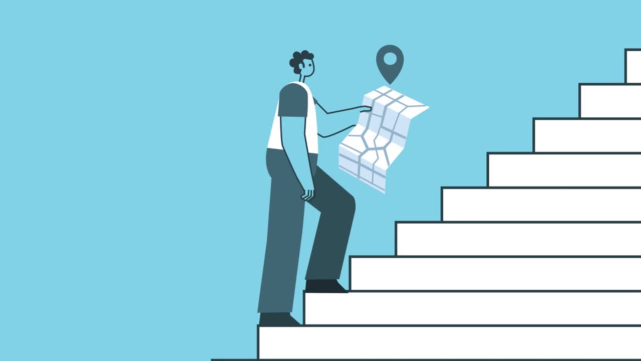 Man walk up the stairs with GPS Map. Career Growth and Direction Concepts. Flat Design Man Cartoon Character Isolated Loop 2d Animation