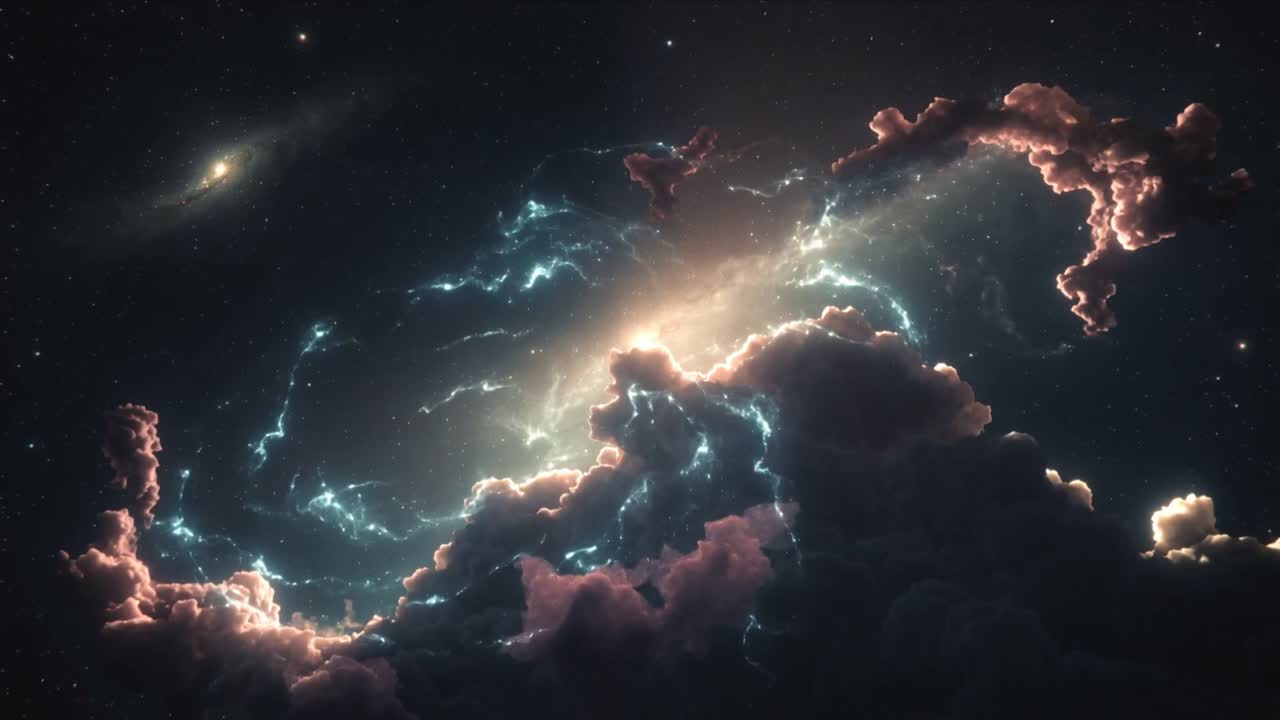 Vertical video: Rising central glow causing glowing nebula shifting in space, showing blue filament