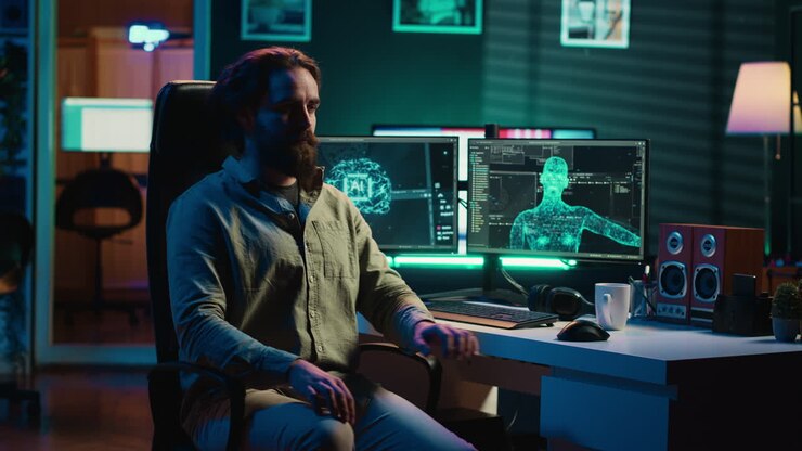Omniscient evil sentient AI possessing developer, SF dystopian concept
