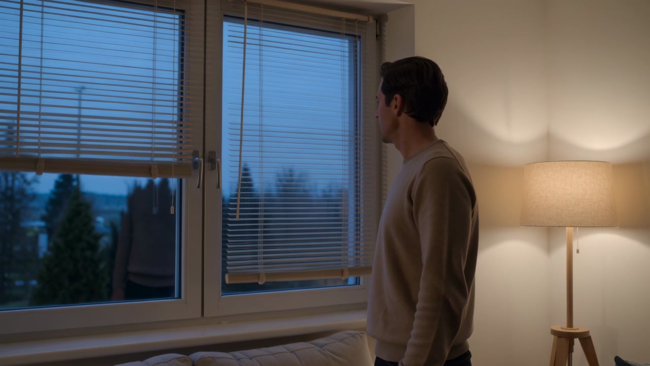 Pulling man in sweater lowering blind by cord at home at dusk watching outside, copy space