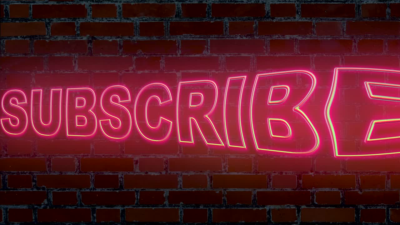 texto de suscripción iluminado en rosa neón en movimiento, con pared de ladrillo rojo en el fondo, efecto de computadora abstracto