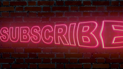 neon pink illuminated subscribe text in motion,with red brick wall in background,abstract computer effect