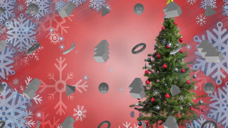 animación de nieve cayendo y formas sobre el árbol de navidad en fondo rojo.