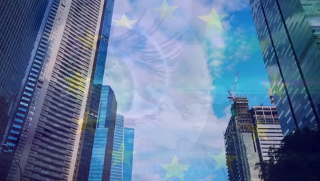 animation of european union flag and financial data processing over cityscape