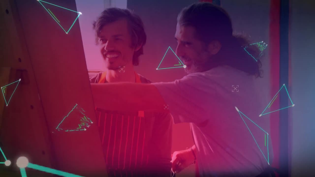 미술 수업에서 다양한 남성 위에 떨어지는 모양의 애니메이션