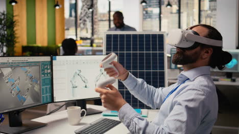 rd department researcher using vr headset to study solar clean energy systems