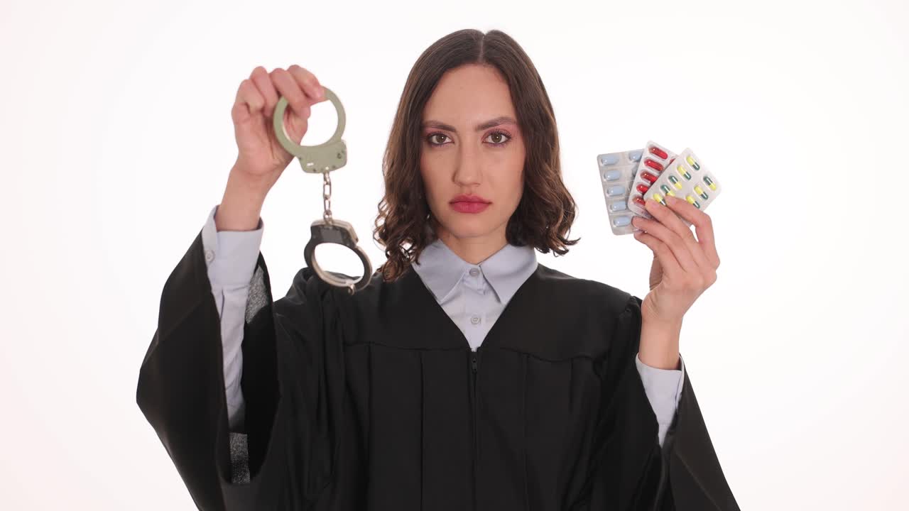 Judge holding pills and handcuffs