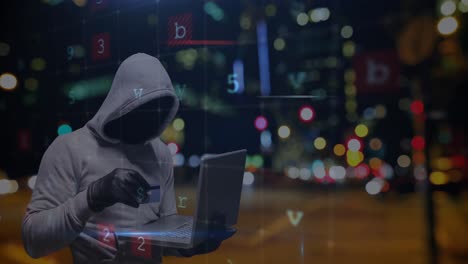 procesamiento de datos de seguridad cibernética sobre un hacker masculino que usa una computadora portátil contra el tráfico nocturno de la ciudad