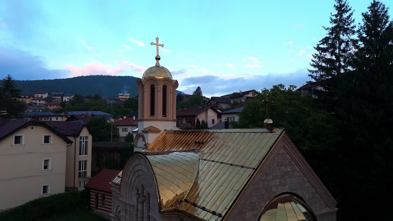 Aerial close up drone view of the Orthodox Church in Jajce, Bosnia and Herzegovina