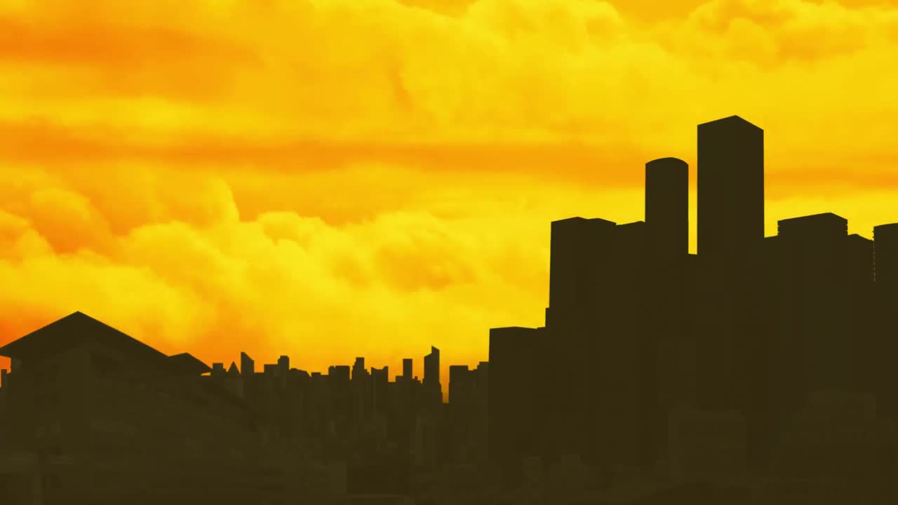 Animación de nubes naranjas y amarillas moviéndose sobre la silueta de un paisaje urbano al atardecer.