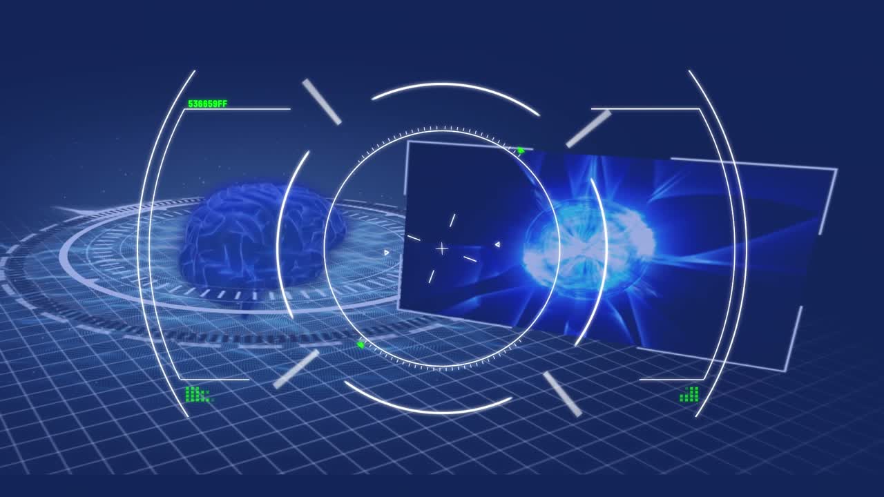 Animation of blue digital screen with viewfinder, scientific data, brain and glitch