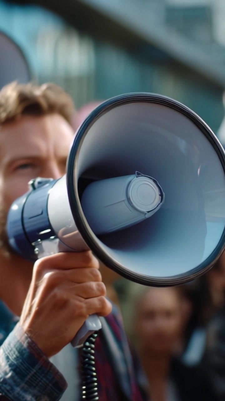 Un oratore appassionato raduna la folla usando un megafono, catturando lo spirito di attivismo e coinvolgimento della comunità durante una manifestazione pubblica.