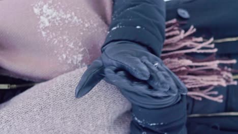 vertical video, girl rubbing hands and warming outdoors in winter . girls hands in cold