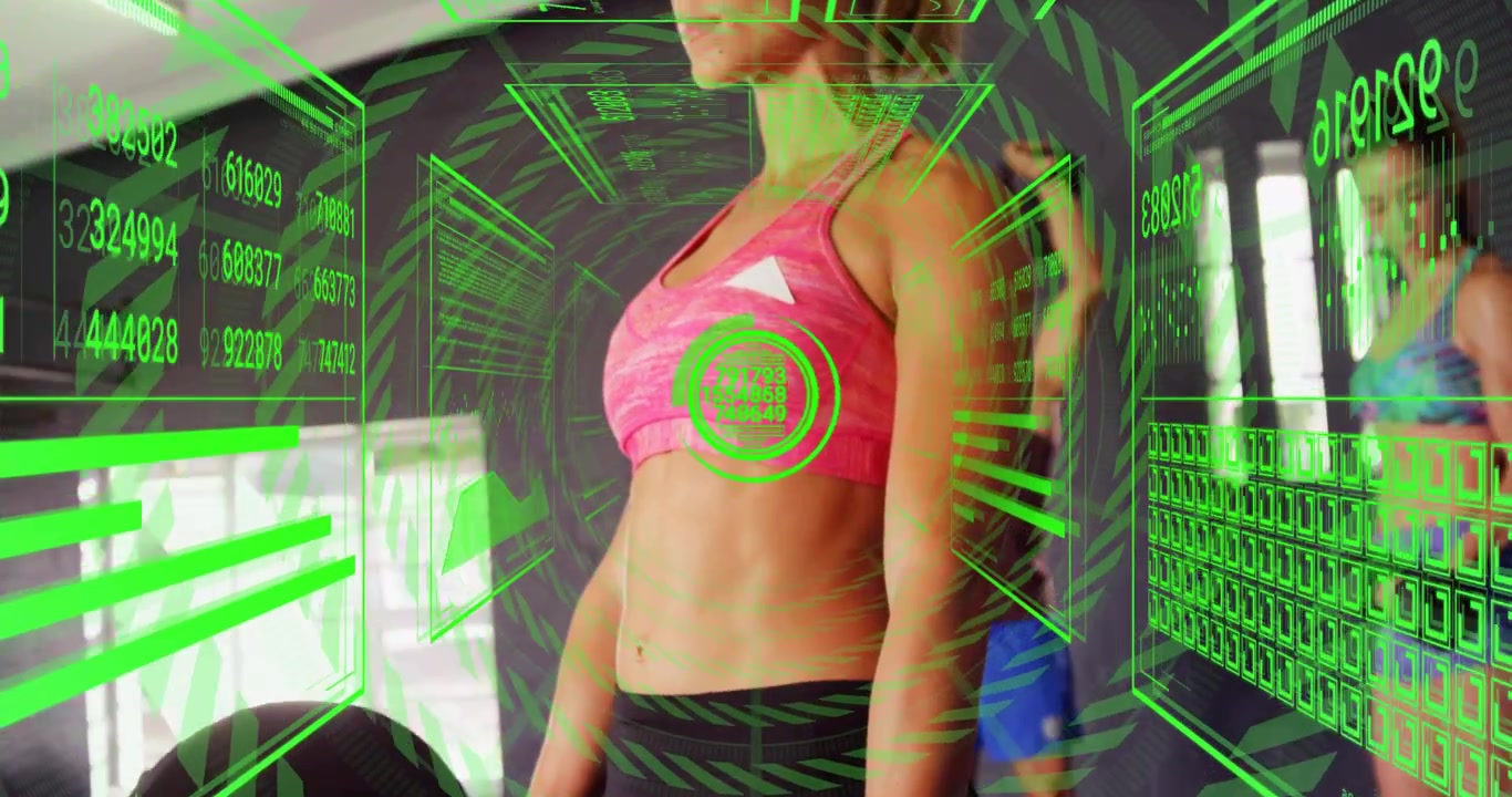 Afferrando un bilanciere, una donna esegue uno stacco da terra con un HUD verde che mostra dati chiave per il feedback sul fitness.