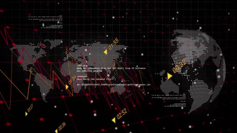 Animation-Der-Datenverarbeitung-über-Einem-Sich-Drehenden-Globus-Und-Einer-Weltkarte-Vor-Schwarzem-Hintergrund
