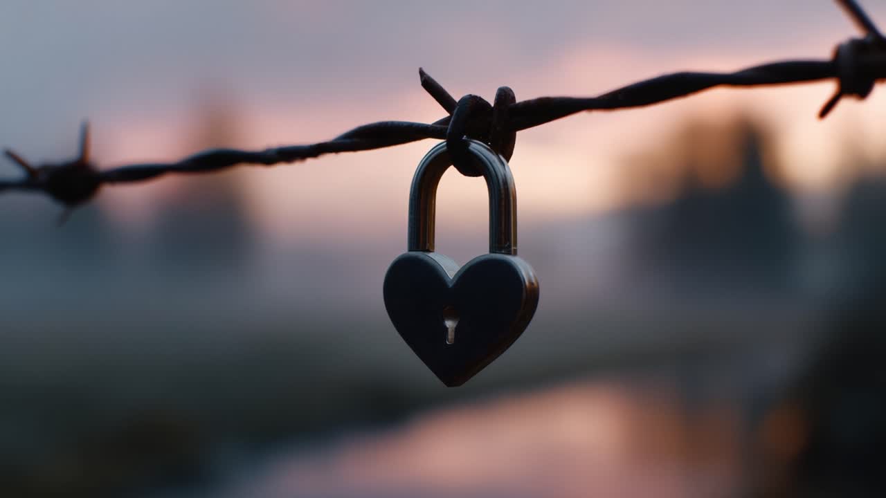 Un lucchetto a forma di cuore è appeso a un recinto di filo spinato, a simboleggiare l'amore, l'impegno e la sicurezza sullo sfondo di un dolce paesaggio al tramonto sfocato.