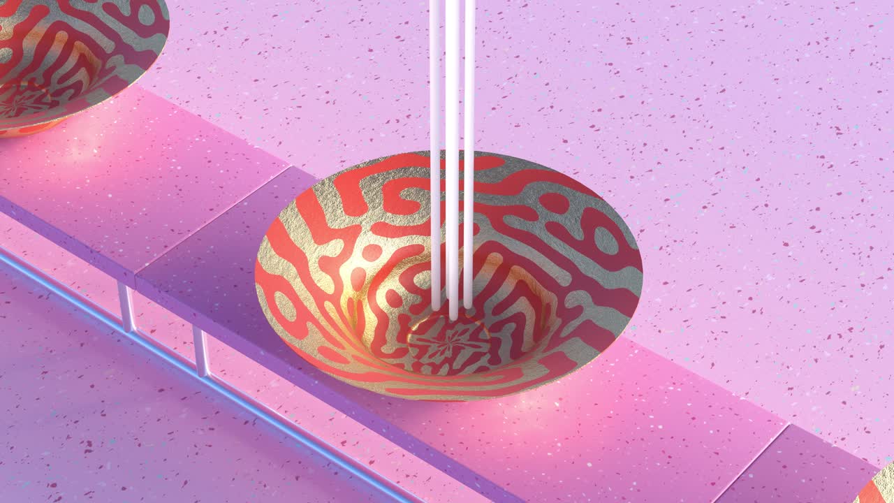 The golden and red bowl on moving conveyor belt are filling up with soft spaghetti. 3d loop animation