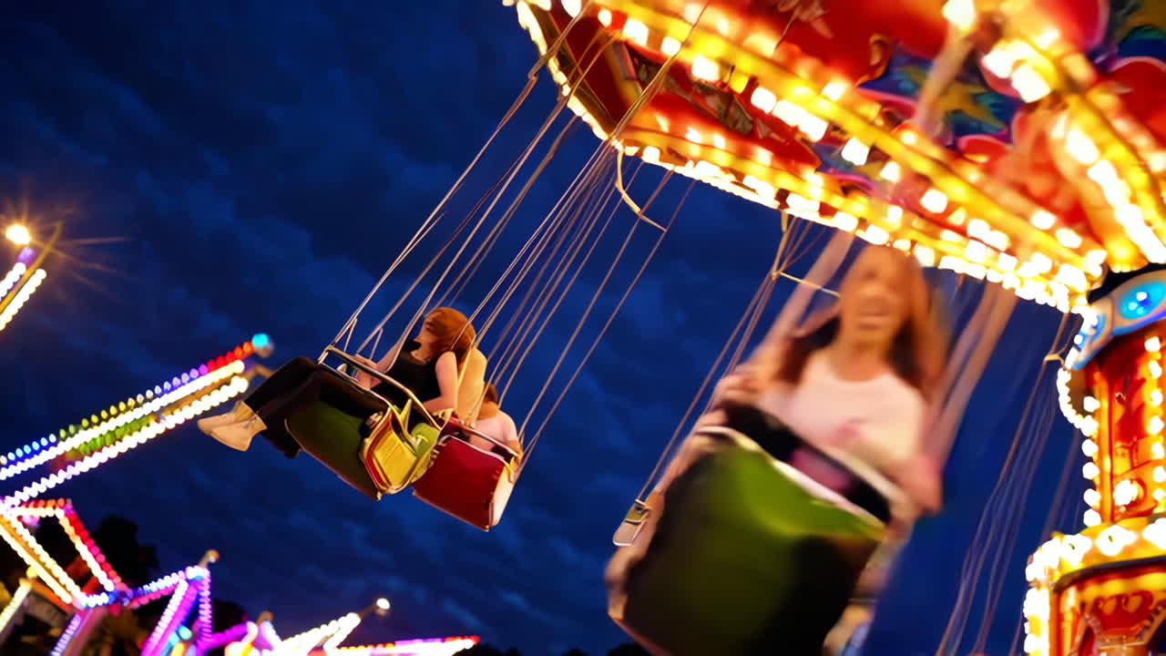 People enjoying a brightly lit swing ride at a night fairground