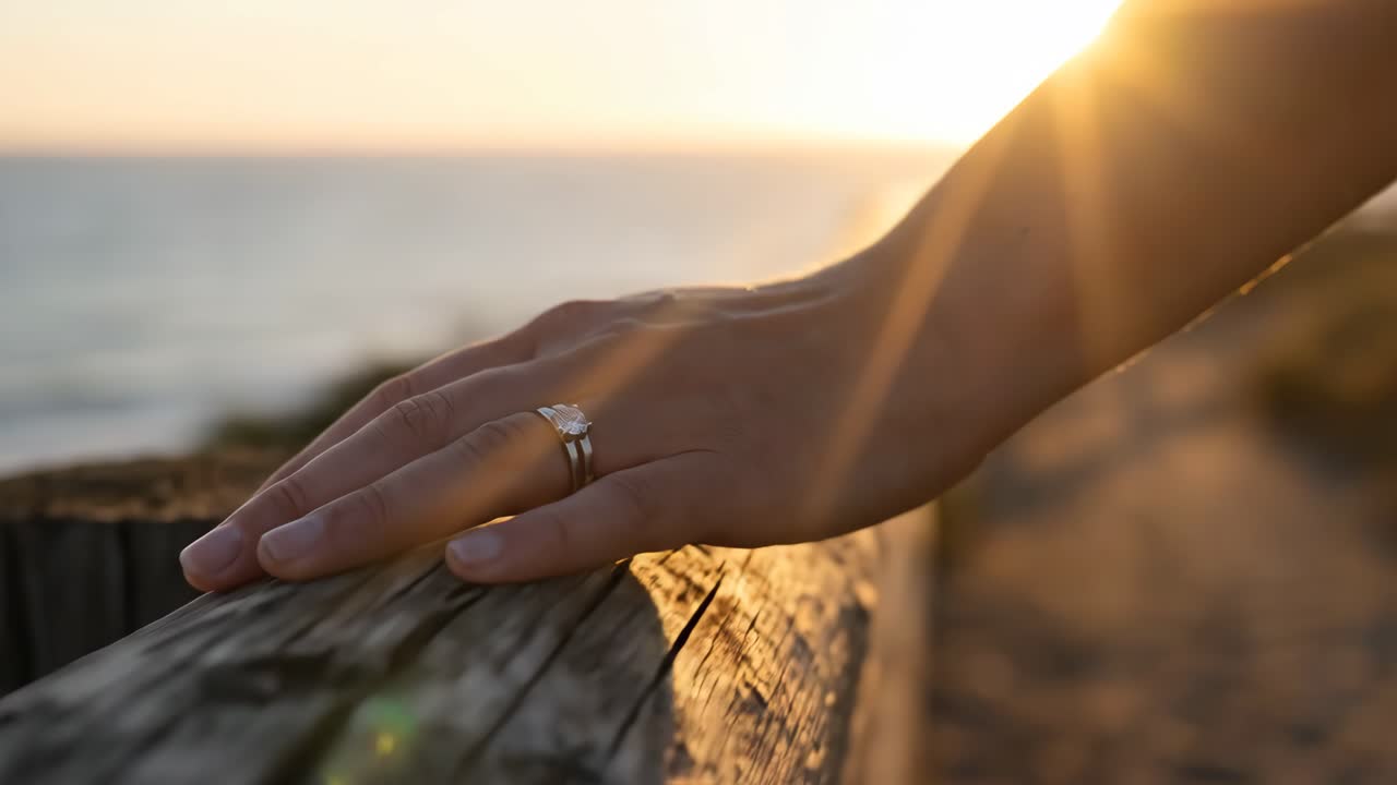 Woman's Hand with Engagement Ring and Wedding Band at Sunset by the Ocean