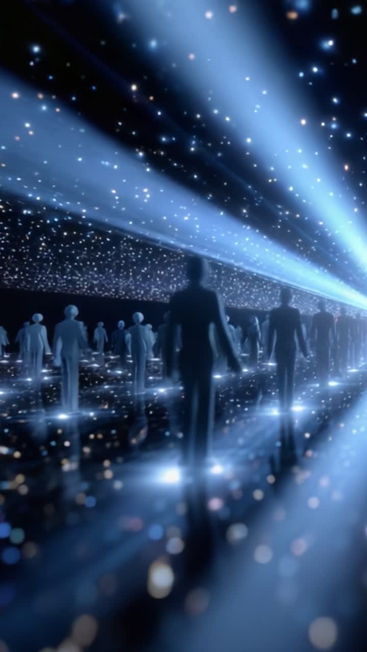 A Journey Through Cosmic Pathways of Light: Silhouetted Figures Navigate Amidst a Starry-Vision with Resplendent Beams Radiating from Distance