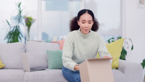 woman, box and headphones in delivery