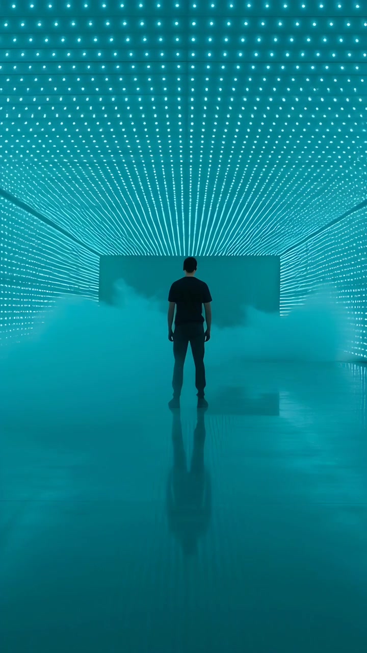 Vertical video: Standing man facing LED grid panel in gallery, fogger sending fog making floor glow