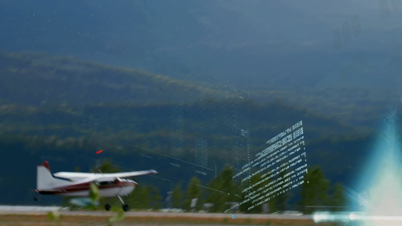 Taking off, small airplane with animation of data visualization over mountains