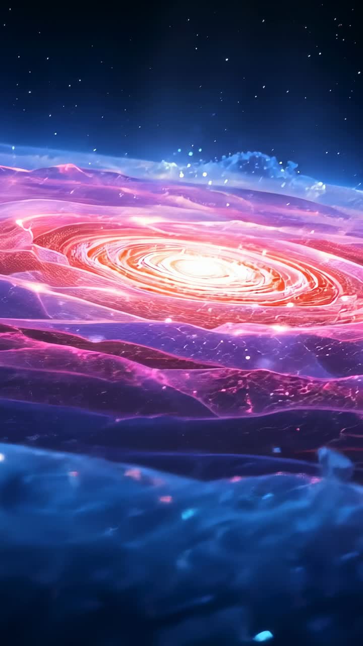 Vertical video: Moving camera approaching glowing spiral in space, revealing core rings, particles