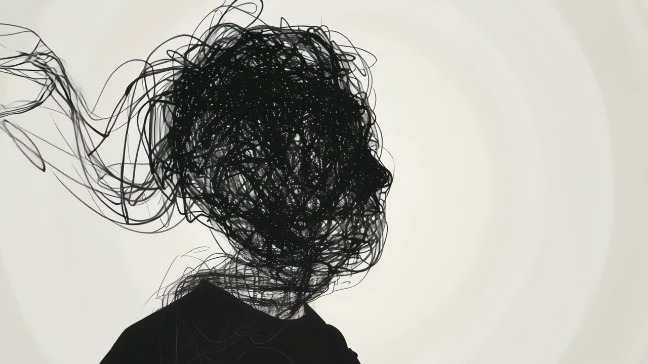 Abstract video concept with a side angle view of a silhouette, head entangled in chaotic black
