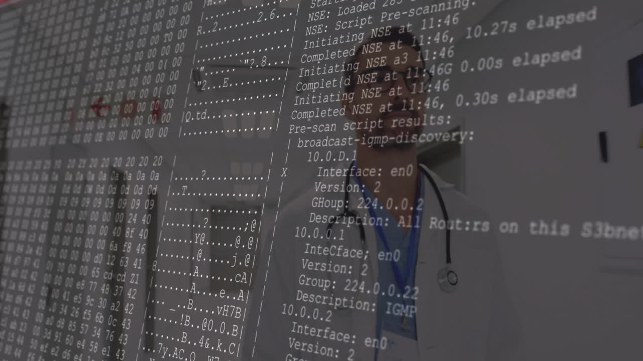 Doctor holding stethoscope scanning network code overlay in hospital showing medical cybersecurity
