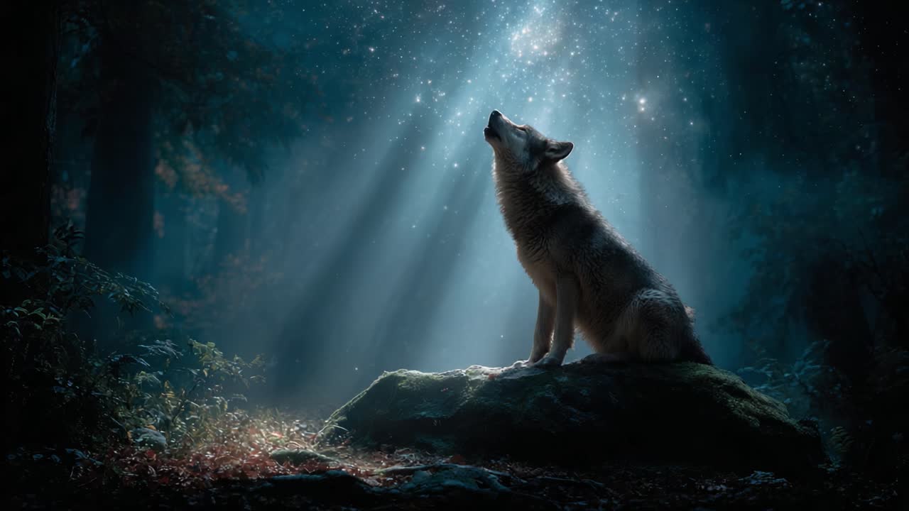 A Majestic Wolf Howling at the Night Sky, Illuminated by Ethereal Rays of Light in an Enchanted Forest Setting, Capturing the Spirit of Wilderness and Nature