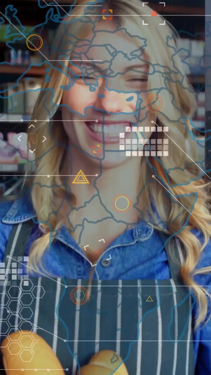 Vertical video: Camera pulling back revealing female baker offering bread while HUD map overlaying