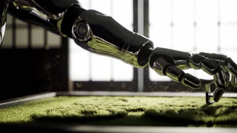 an advanced robotic hand delicately manipulating a fine layer of green sand to create intricate patterns and designs in a modern art installation