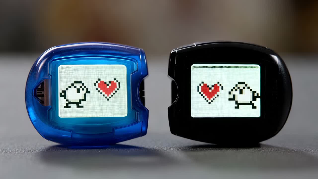 Pulsing on start, two pet devices showing chicks stepping toward heart on table, simulating play