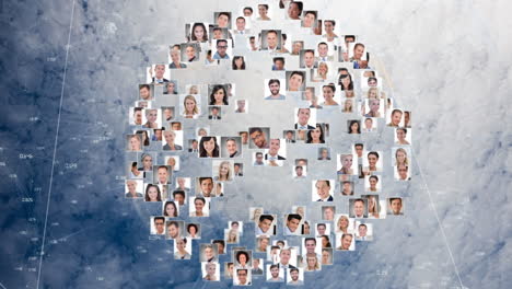 collage of diverse faces forming globe shape over network connections animation