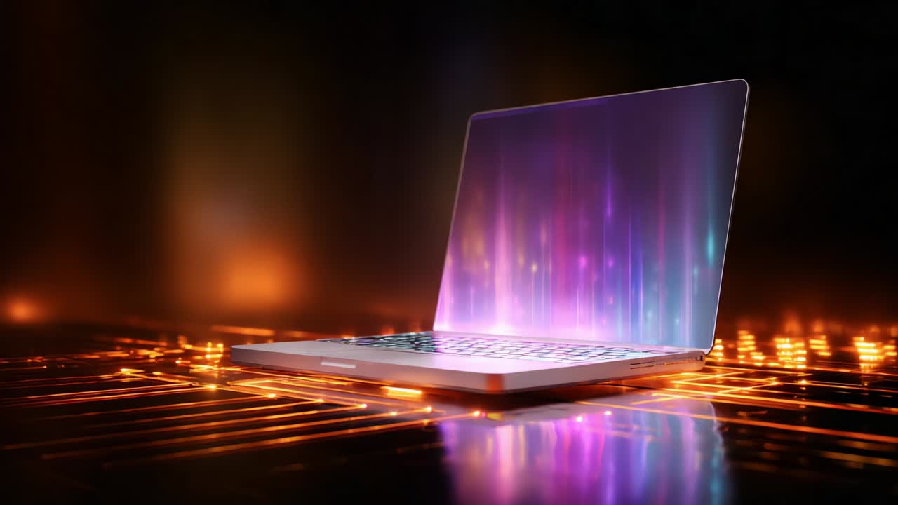 A Stunning Visual Representation of a Modern Laptop Emitting Vibrant Colors and Patterns, Set Against a Futuristic Background with Glowing Circuit Lines and a Sleek Aesthetic, Capturing Technological Elegance and Innovation