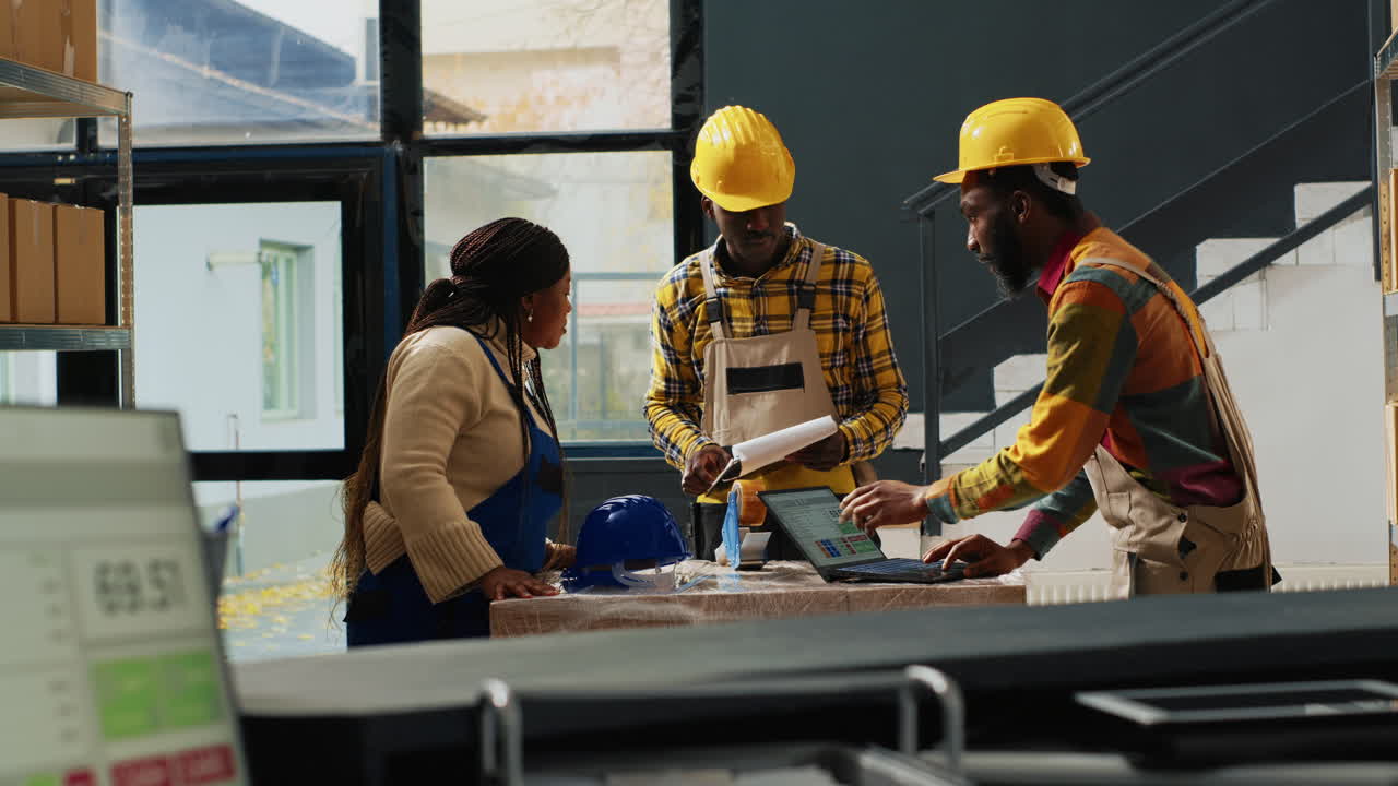 Warehouse workers planning together