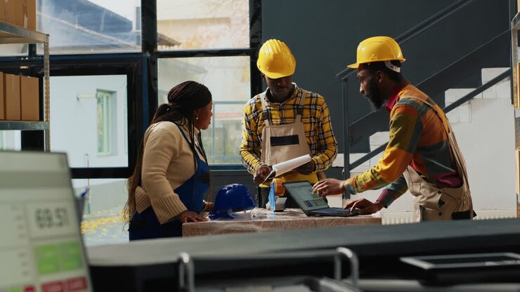Warehouse workers planning together