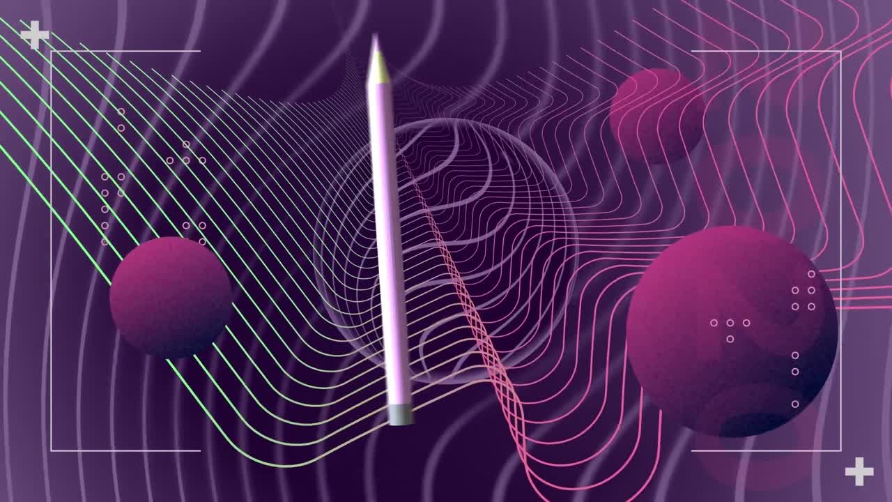 Animation of pencil moving and shapes on purple background