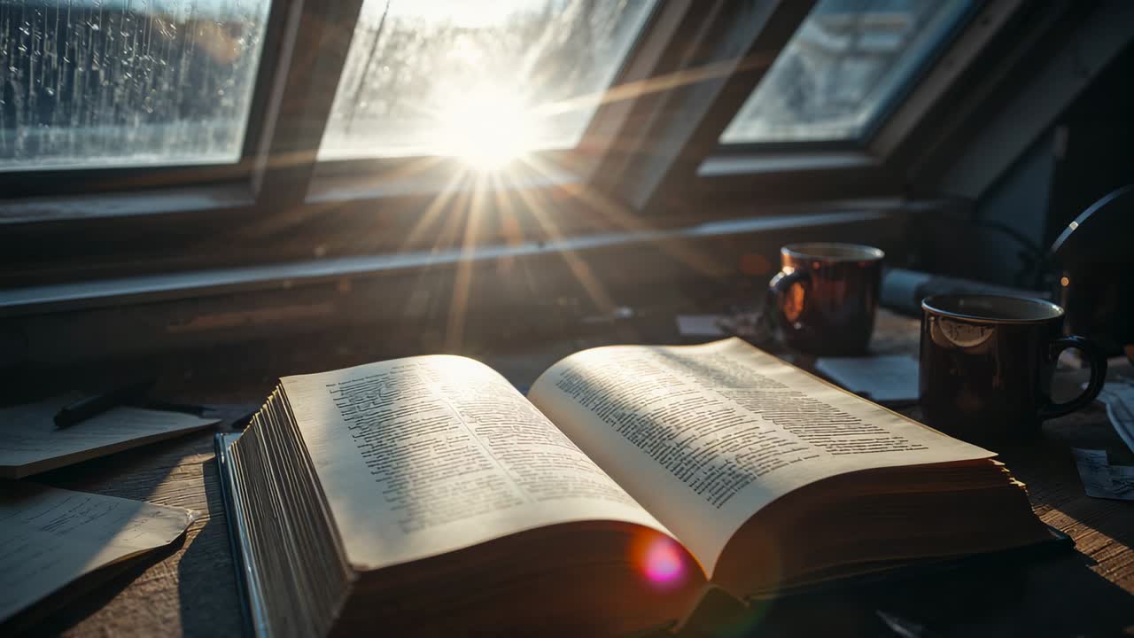 Einfallendes Sonnenlicht durch ein angewinkeltes Dachfenster, während die Sonne wandert, wirft Lichtreflexe über ein offenes Buch und Tassen.