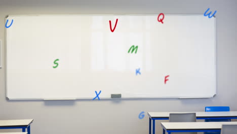 digital composition of multiple colorful alphabets floating against white board in empty classroom