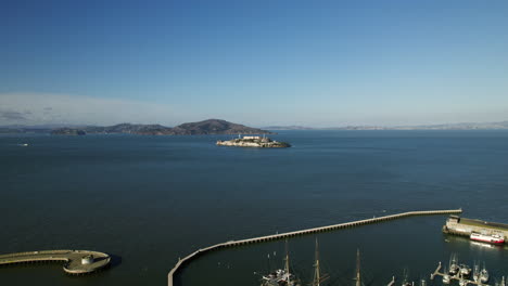 aerial view over the fisherman’s wharf, toward the alcatraz island, in san francisco