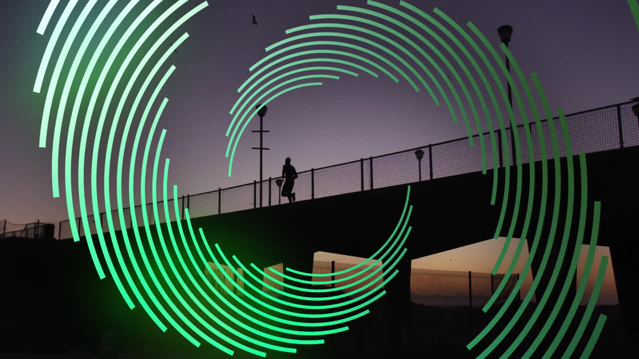 animación de formas verdes moviéndose sobre el hombre corriendo en el paseo marítimo