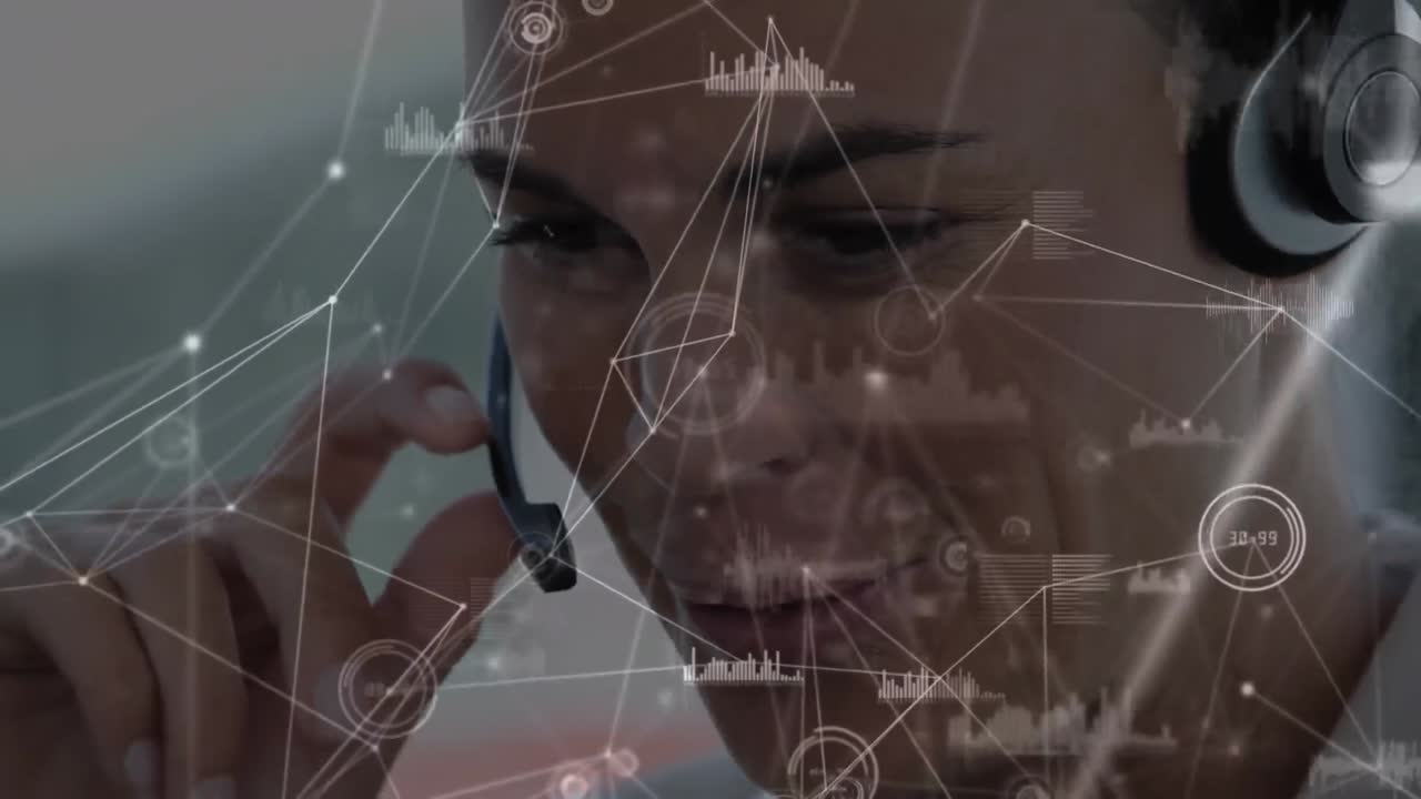 Animation of network of connections over businesswoman wearing phone headset
