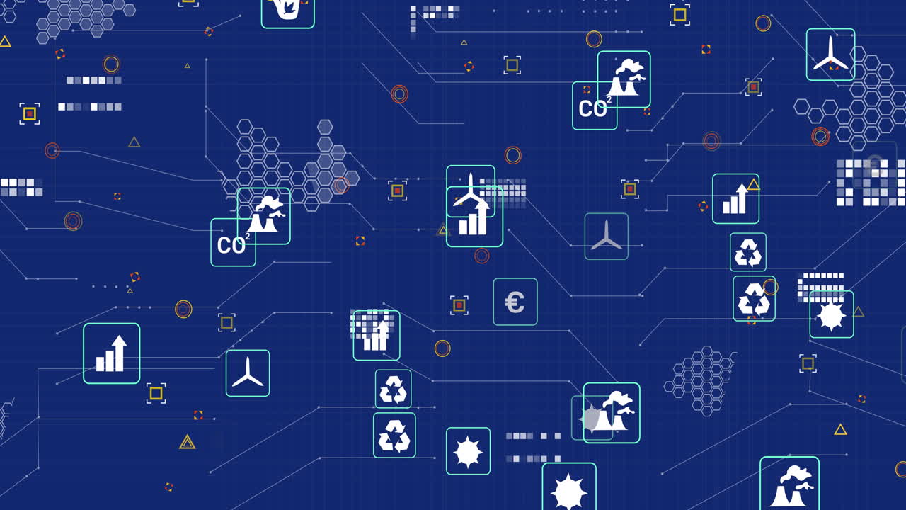 파란색 배경에 대한 여러 디지털 아이콘과 마이크로프로세서 연결의 애니메이션
