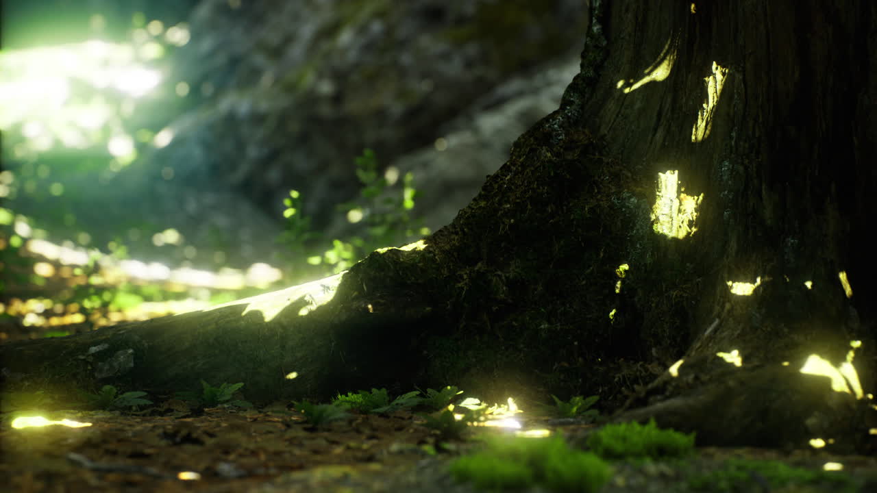 Light filtering through trees creates a serene forest environment in daylight