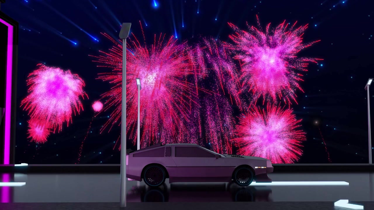Kamera kaydırarak gösteri için patlayan havai fişekleri ortaya çıkarırken, retro-fütüristik bir coupe neon caddede seyrediyor.