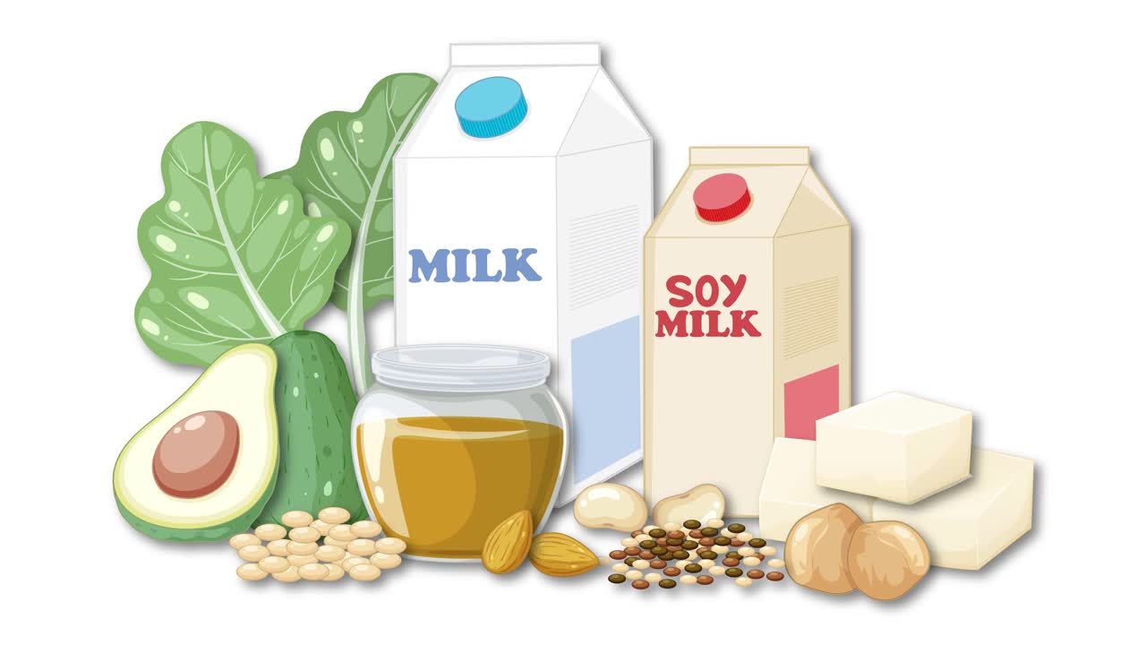 Animated vegan food group illustration with soy milk, leafy greens, tofu, nuts, and avocado