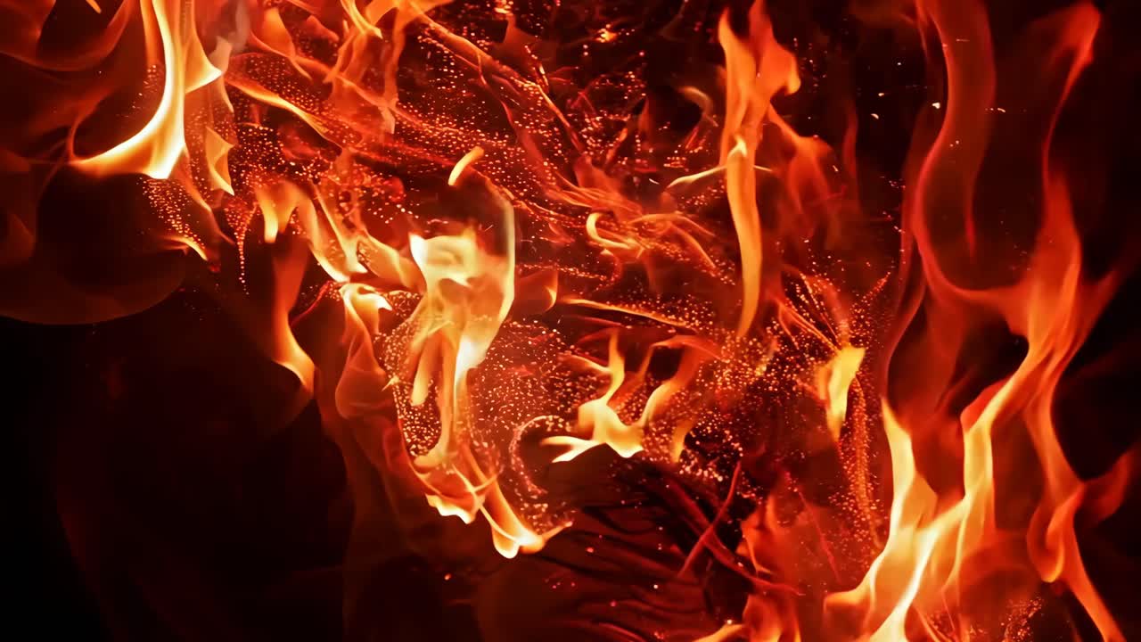 A close up of a fire with a lot of sparks and smoke. The fire is orange and the smoke is black. Scene is intense and dramatic